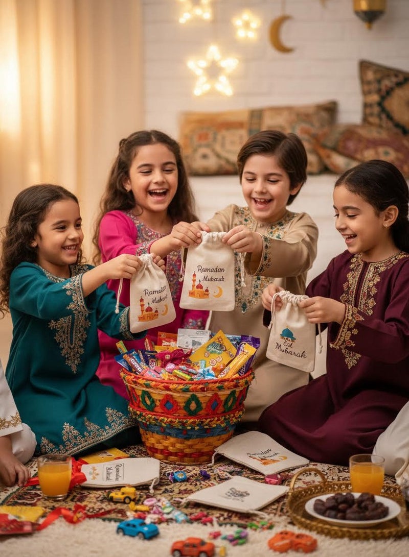 maffick 5-Piece Canvas & Velvet Drawstring Gift Bags (10x15cm) - Decorative Favors Pouches for Ramadan & Eid Season - Beige & Black - Image 3